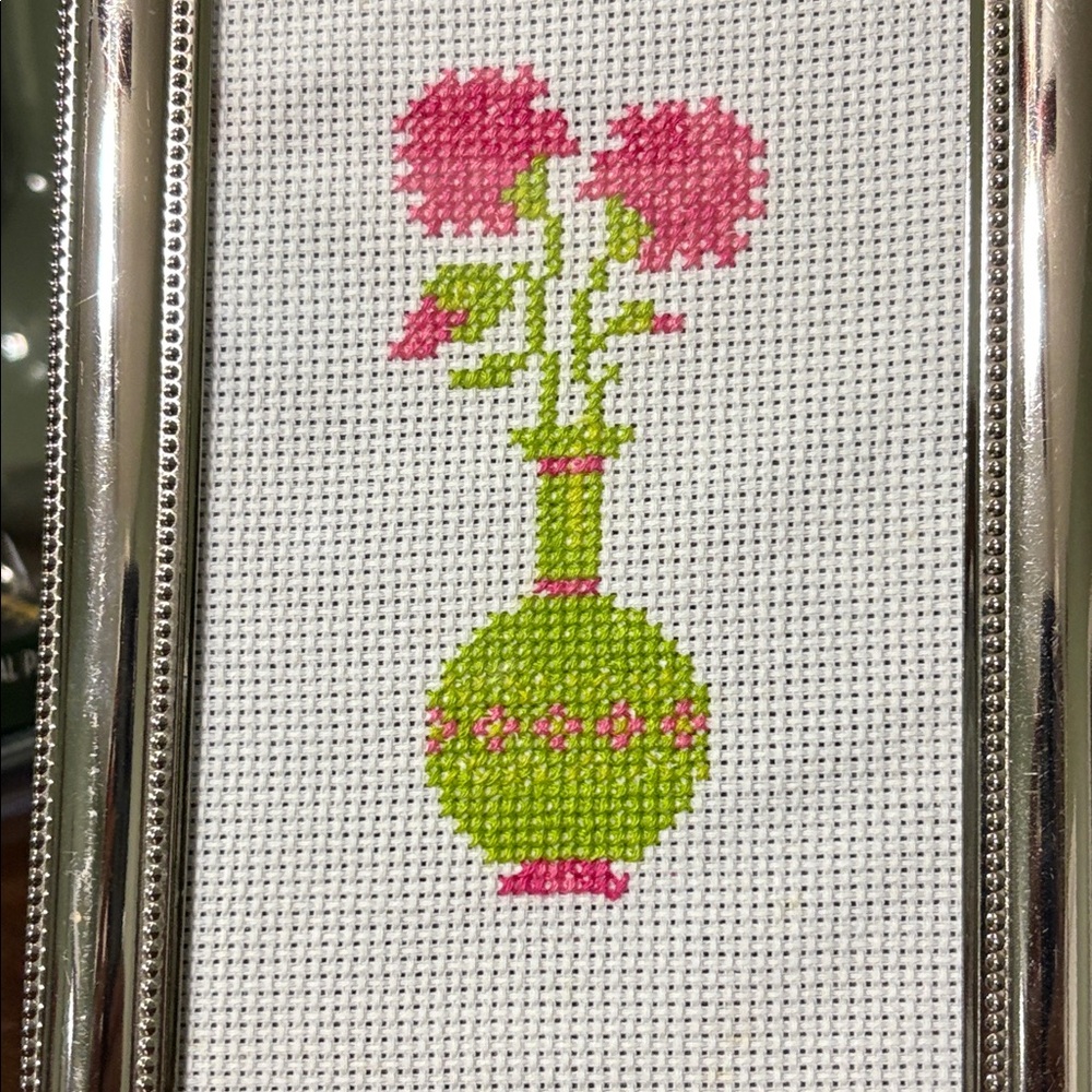 Completed Pink Floral in Vase Cross Framed
